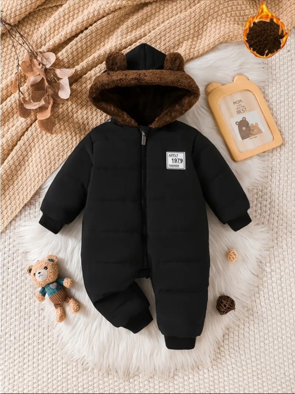 Black 3T One-Piece Puffer Fur lined Snowsuit with Brown Faux-Fur Hood